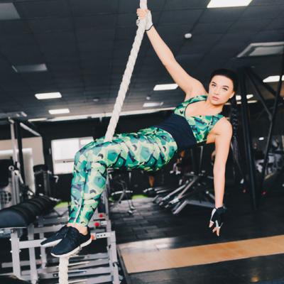 Woman Performing Rope Climbs Gym Copyspace Performance Agility Biceps Strong Energetic Athletics Healthy Powerful Determination Concept Crossfit Fitness